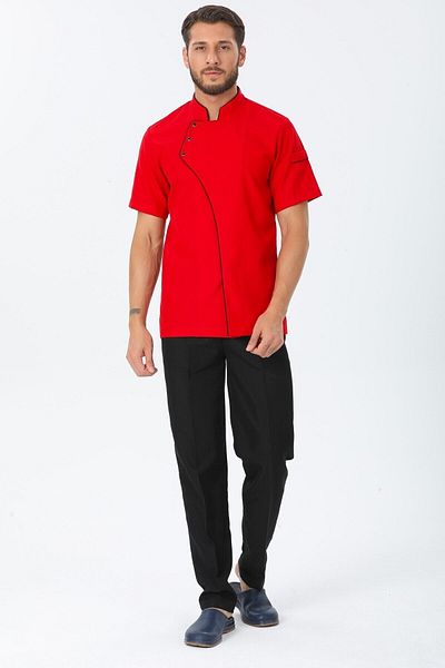 TIPTEKS Men's Comfort Red Short Sleeve Chef Jacket - Black Piping