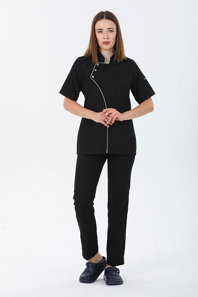 TIPTEKS Women's Comfort Black Short Sleeve Chef Cook Jacket - White Piping