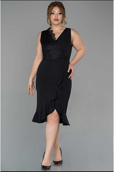 DERİNBOUTIQUE Kadın Siyah Kalın Askılı Önü Güpür Dantel Tasarım Eteği Fırfırlı Kalem Midi Boy Davet Düğün Elbise