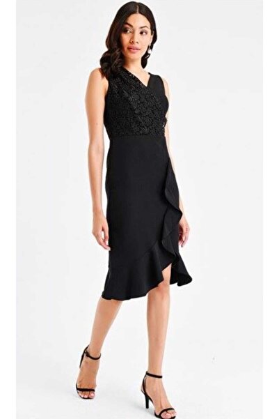 DERİNBOUTIQUE Kadın Siyah Kalın Askılı Önü Güpür Dantel Tasarım Eteği Fırfırlı Kalem Midi Boy Davet Düğün Elbise