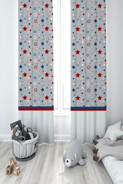 BAMBAŞKA MODA غرفة الأطفال والرضع ستارة خلفية منقوشة باللون الأزرق والأحمر