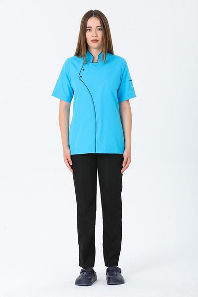 TIPTEKS Women's Comfort Turquoise Short Sleeve Single Cook Jacket - Black Piping