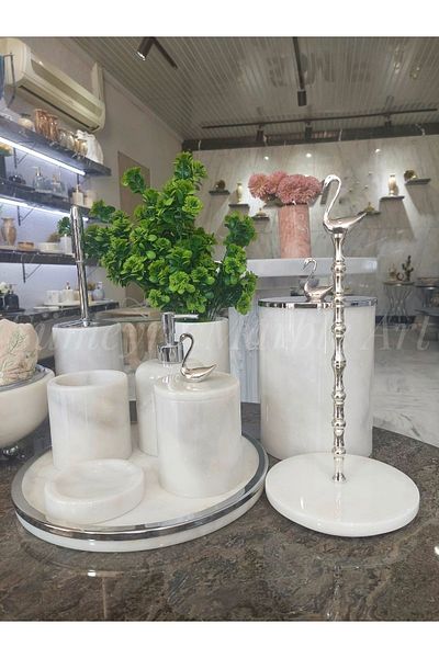 Sümeyra Marble Art سوان - طقم حمام من الرخام الأبيض الطبيعي| 10 قطع| وعاء منشفة من الرخام| حامل مناشف البجعة الرخامية|فضي|