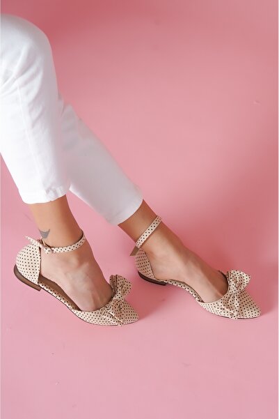 DİVOLYA Misty Beige Polka Dot Ankle Strap Pointed Toe Casual Ballet Flats