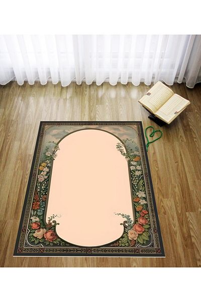 linazaitun Digital Printed Flower Frame Pattern Washable Non-Slip Base Velvet Textured Prayer Rug Prayer Rug