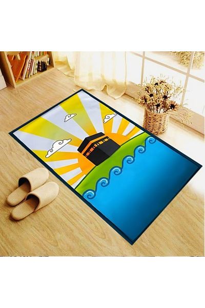 linazaitun Digital Printed Kaaba Motif Velvet Textured Washable Non-Slip Base Children's Prayer Carpet Prayer Rug
