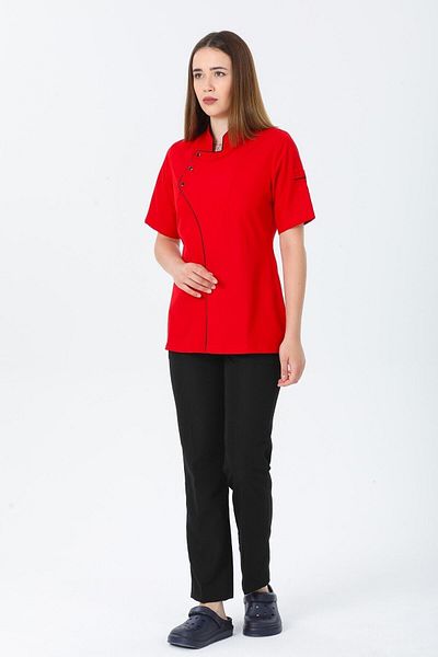 TIPTEKS Women's Comfort Red Short Sleeve Single Cook Jacket - Black Piping