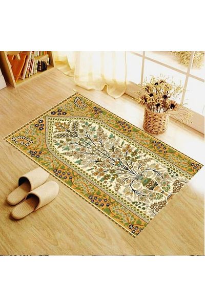 linazaitun Digital Printed Green Flower Pattern Velvet Textured Washable Non-Slip Base Prayer Rug Prayer Rug