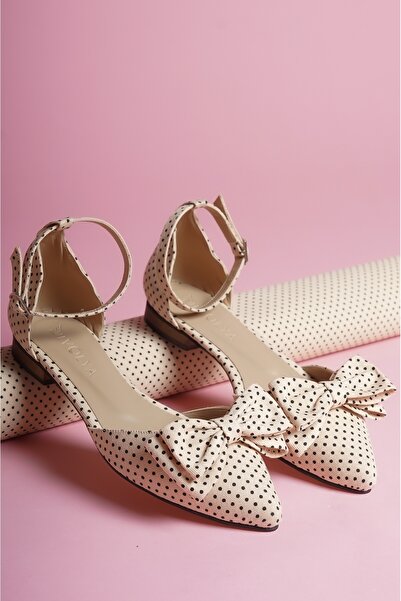 DİVOLYA Misty Beige Polka Dot Ankle Strap Pointed Toe Casual Ballet Flats