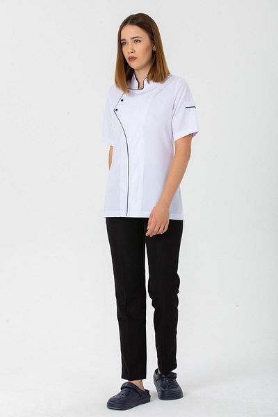 TIPTEKS Women's Comfort White Short Sleeve Single Cook Jacket - Black Piping