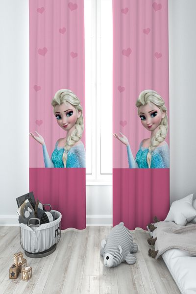 BAMBAŞKA MODA BABY AND KIDS ROOM Pink Elsa Patterned 2 Wing Background Curtain