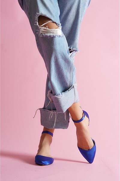 DİVOLYA Misty Saks Satin Ankle Strap Pointed Toe Casual Ballerinas