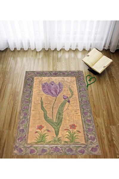 linazaitun Digital Printed Minimal Tulip Pattern Velvet Textured Washable Non-Slip Base Prayer Rug Prayer Rug