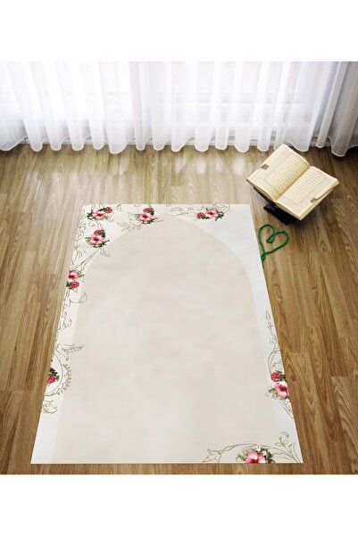 linazaitun Dijital Baskı Bej Zemin Çiçekli Modern Kadife Dokulu Yıkanabilir K...