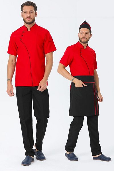 TIPTEKS Men's Short Sleeve Red Cook Jacket - Waist Apron, Black Piping Pants Set