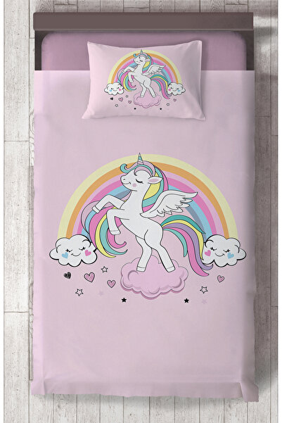 BAMBAŞKA MODA BEBEK VE ÇOCUK ODASI Gökuşağı ve Unicorn Desenli Pembe Yatak Ör...