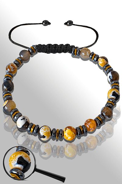 Tesbih Atölyesi Certified Hematite 6 Mm Natural Black - Orange Agate Stone Bracelet (Tibetan Agate)