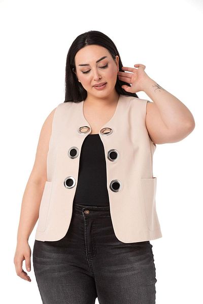 DISENTIS MODEST Plus Size Large Eyelet Detailed Beige Vest