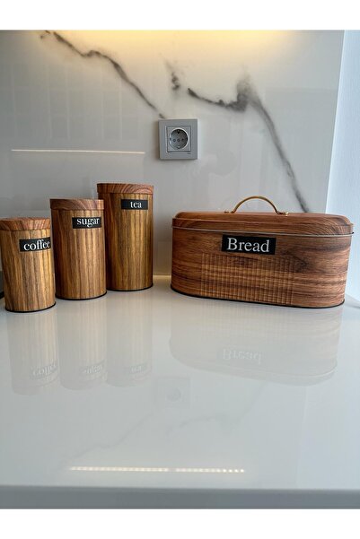 TEKNO İSTANBUL Bambu Kapak Görünümlü Metal Ekmeklik Ve 3'lü Kavanoz Seti