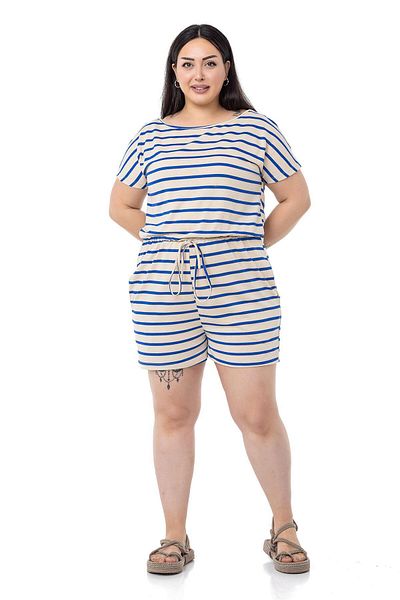 DISENTIS MODEST Plus Size Low Sleeve Elastic Waist Pocket Saks Blue Striped Shorts Jumpsuit