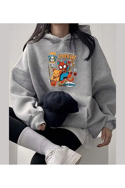 BLACKMAYS Πολύχρωμη γάτα Spider Printed Oversize φούτερ με κουκούλα unisex φούτερ