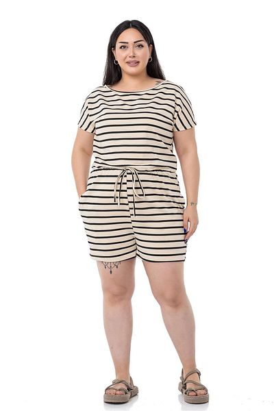 DISENTIS MODEST Plus Size Low Sleeve Black Striped Shorts Jumpsuit with Elastic Waist Pockets