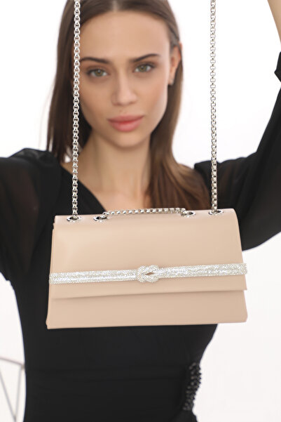 Piedra Skin Color Leather Stone Magnetic Lid, Hand and Shoulder Strap Usable Evening Dress Bag