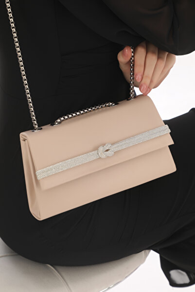 Piedra Skin Color Leather Stone Magnetic Lid, Hand and Shoulder Strap Usable Evening Dress Bag