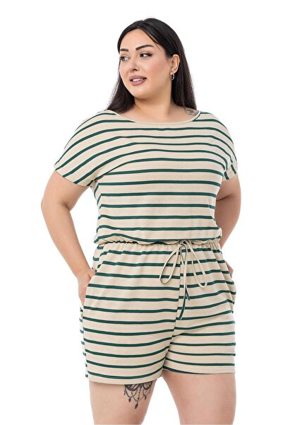 DISENTIS MODEST Low Sleeve Elastic Waist Pocket Emerald Striped Shorts Jumpsuit