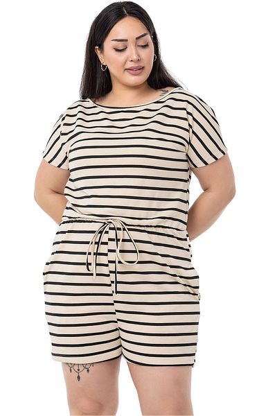 DISENTIS MODEST Plus Size Low Sleeve Black Striped Shorts Jumpsuit with Elastic Waist Pockets