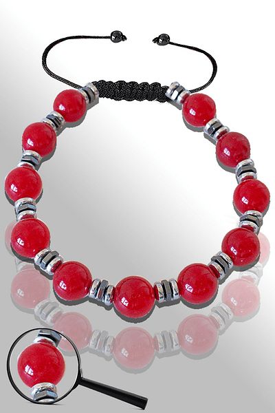 Tesbih Atölyesi Certified Hematite Natural Flag Red Agate Stone Bracelet - Adjustable