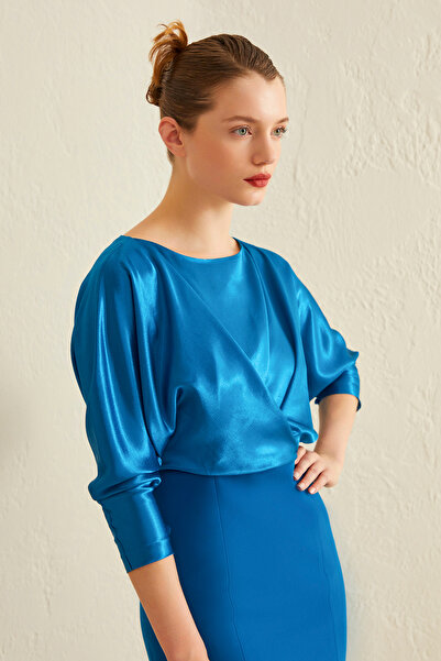 Jus De Pommes PETROL MAVİSİ SATEN KREP YIRTMAÇLI MİDİ ELBİSE