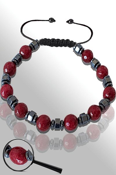 Tesbih Atölyesi Certified Hematite Natural Faceted Red Agate Stone Bracelet - Adjustable