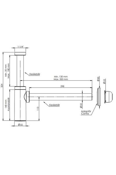 ULUMAK Moon Ayarlanabilen Lavabo Sifonu Siyah Taşmasız 300mm Başlıklı ABS