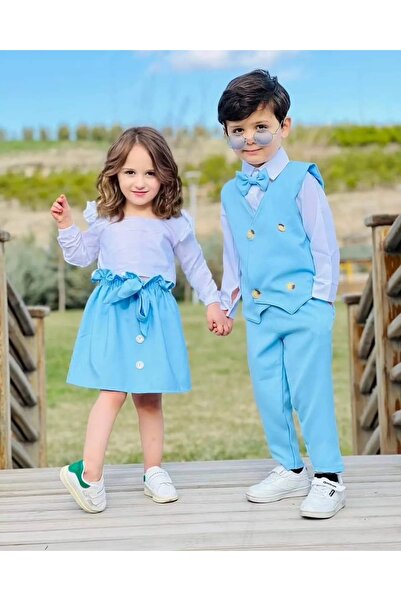 KOKOSH Abi kardeş kombini mavi etekli alt üst kız çocuk takım