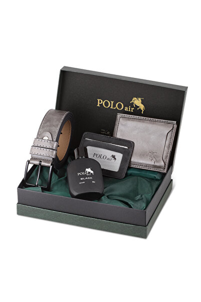 Polo Air Kutulu Erkek Parfüm Kemer Cüzdan Kartlık Seti Gri