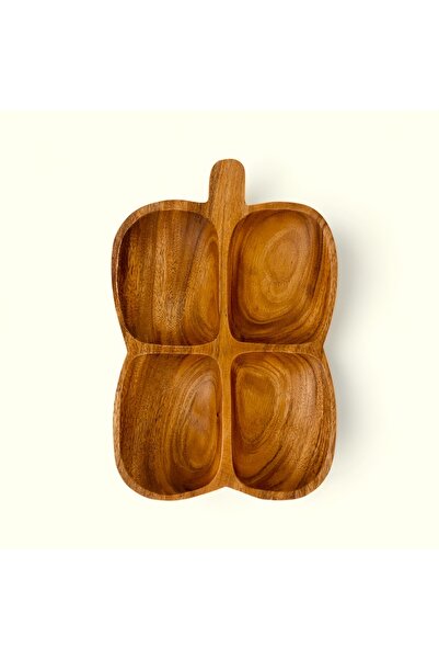 ELZEY HOME Doğal Akasya Yaprak 4 Bölmeli Çerezlik 27 x 21 cm