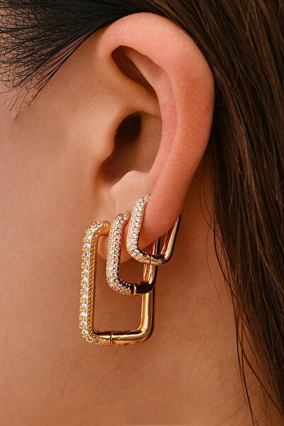 New Obsessions Anı Yaşa Dikdörtgen Gömme Taşlı Huggie Küpe