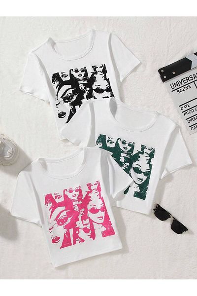 Jose Clothing Γυναικεία λευκή εμπριμέ κοντομάνικη μπλούζα Crop Σετ 3 τεμ