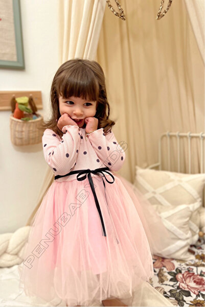 penu baby kids Pembe Puantiyeli Tütülü Uzun Kol Kız Bebek Elbise - Emily