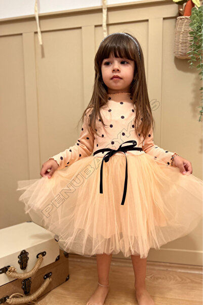 penu baby kids Somon Puantiye Detaylı Uzun Kol Kız Bebek Elbise