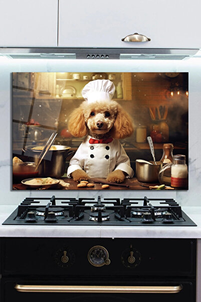home dekors Cam Ocak Arkası Koruyucu Sevimli Aşçı Köpek 72x46 Cm Hediyelik