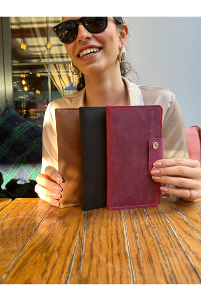 Leather Anatolia Hakiki Deri Uzun Cüzdan / Çıtçıtlı Uzun Cüzdan / Portföy Cüzdan / Taba-Siyah Pembe Uzun Cüzdan