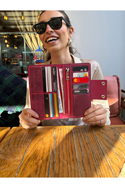 Leather Anatolia Hakiki Deri Uzun Cüzdan / Çıtçıtlı Uzun Cüzdan / Portföy Cüzdan / Taba-Siyah Pembe Uzun Cüzdan