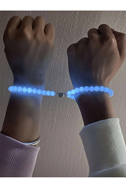 MADEFORYOUU Karanlıkta Parlayan Manyetik Dizi Doğaltaş Çift Bilekliği, Sevgil...