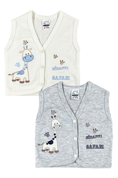baby kids colors Baby Boy Giraffe Embroidered Organic Cotton 3-6-9 Months 2-Piece Combed Baby Vest - Gray