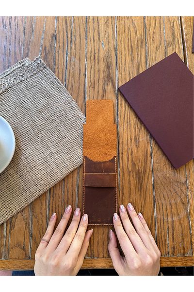 Leather Anatolia Genuine Leather Pen Holder, Handcrafted Special Design Pen Holder, Tan-Green-Pink Pen Holder