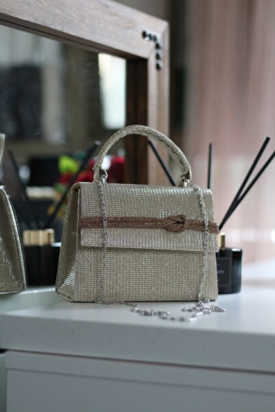 Moom Bag Women's Silvery Gold Stone Stripe Detailed Evening Shoulder Bag