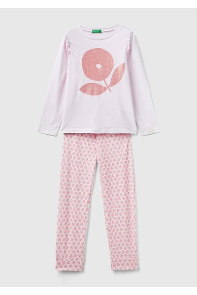 United Colors of Benetton Set de pijamale pentru fete cu model de flori roz pudra