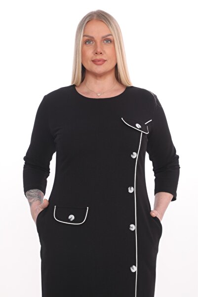 etselements X Modapo Plus Size Μαύρο Φόρεμα - Κουμπί, Ets5302